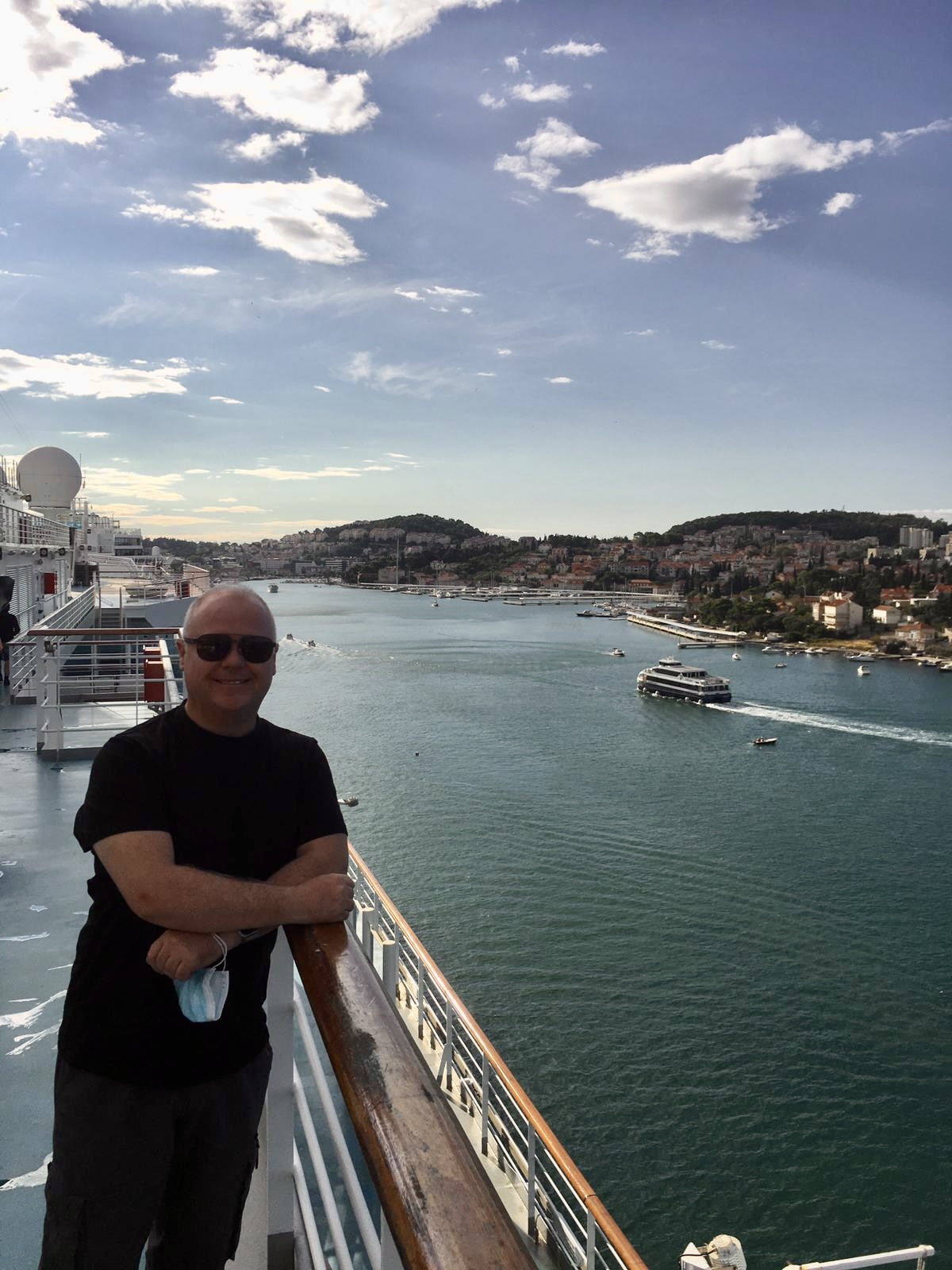 Mike McCabe aboard a cruise ship arriving into Dubrovnik harbour
